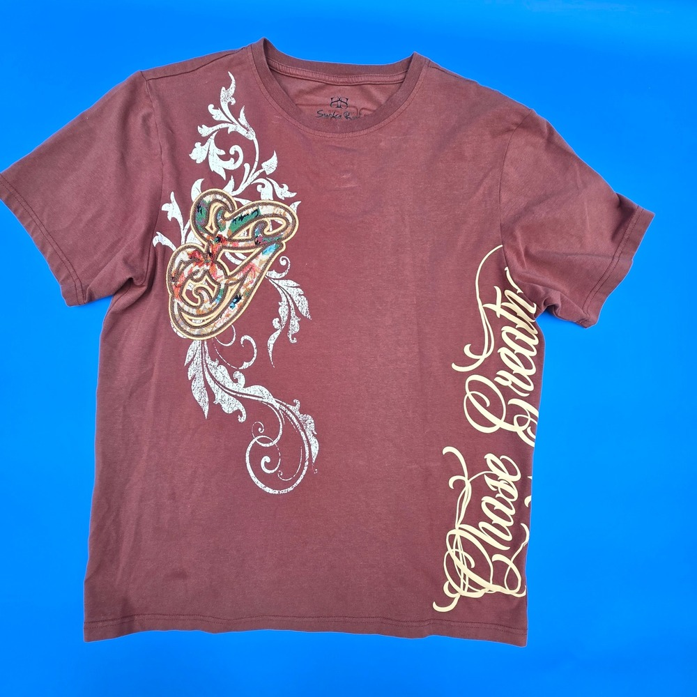 Smoke Rise Mens M Grandeur Graphic‎ T Shirt Brown Tapestry Embroidered Y2K 2000s
